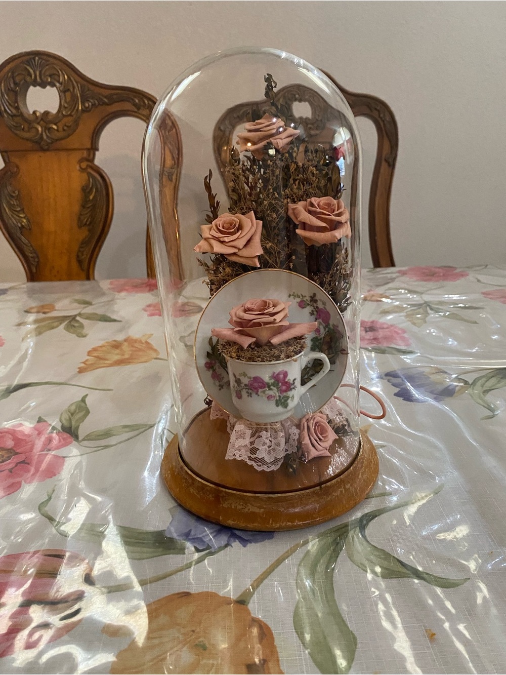 Vintage Glass Dome with Pink Preserved Roses